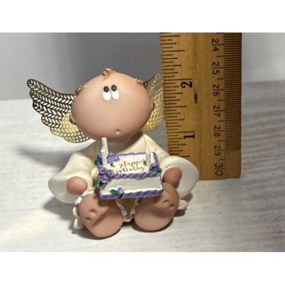 Kirk 2001 Angel Figurine Gold Wings Happy Birthday Cake Purple & White Accents - Picture 8 of 8